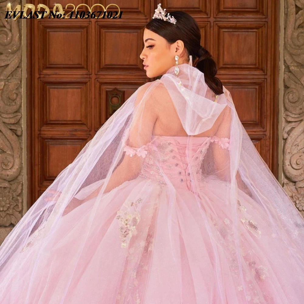 EVLAST Maßgeschneidertes rosa Quinnceanera-Kleid, Ballkleid, 3D-Blumen, Applikation, Perlen-Umhang, Korsett, Sweet 16, Vestidos De 15 Anos SQ599