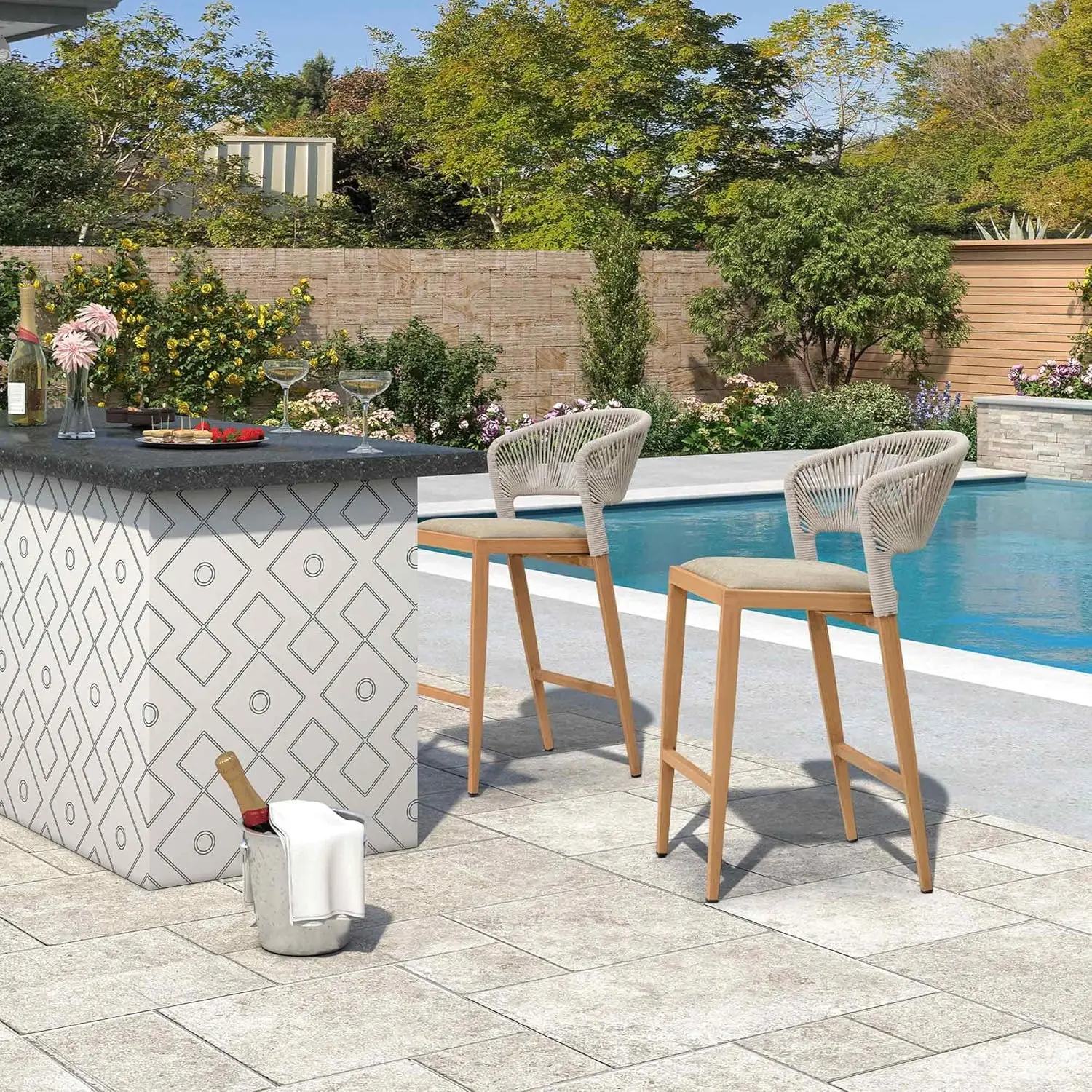 

Counter Height Bar Stool Set of 2 Outdoor Stool Chair with Footrest Patio Bar Height Stools Rattan Barstools for Kitchen