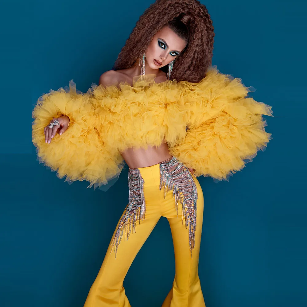 

Fluffy Ruffles Tulle Coat Off Shoulder Long Sleeves Women Jacket Tiered Cute Women Birthday Party Outwear Top Without Bottom