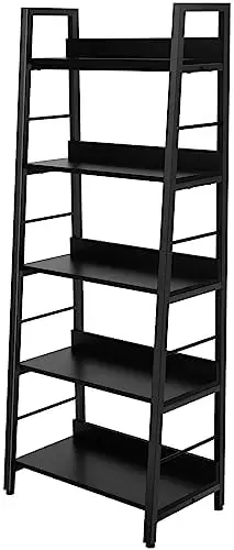 

5 tier Book , Rustic Industrial Ladder Bookshelf Open Wood Metal Accent Bookcase, Dark Brown Farmhouse 28'' Wide 59' Dog collar