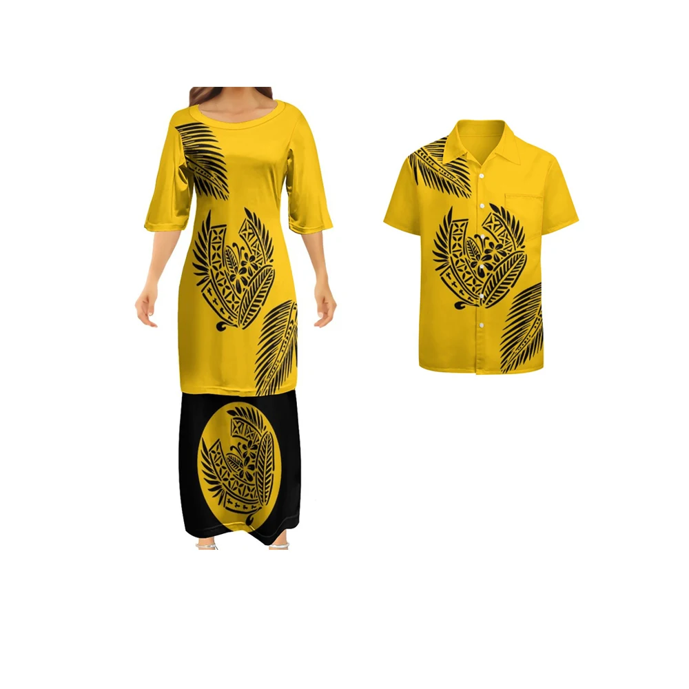 Hawaii Style Polynesian Printed Casual Dresses Puletasi 2 Pc Set Top And Skirts Summer Oversize Half Sleeve Women Dress