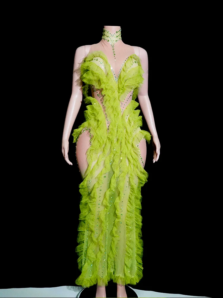 

Sparkly Green Rhinestones Mesh Sheer Ruffle Maxi Long Dress Celebrate Birthday Eveing Party Nightclub Stage Performance Costumes