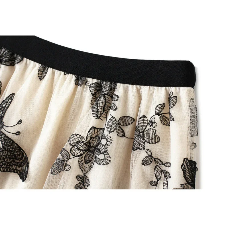 Lente Zomer Nieuwe Hoge Taille A-lijn Vlinder Borduren Mesh Lange Rok Vrouwen 2025, Drielaagse Stof Tule Casual Faldas