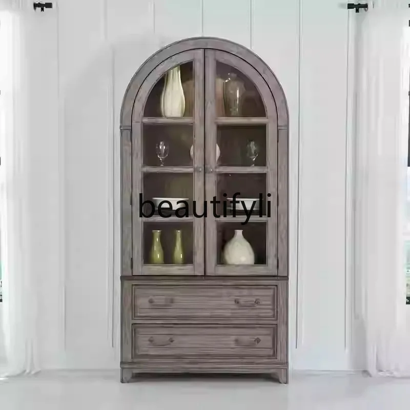 American Retro Vintage Solid Wood Arched Wine Cabinet Living Room Oak Double Door Glass Display Cabinet Bookshelf Storage view 3