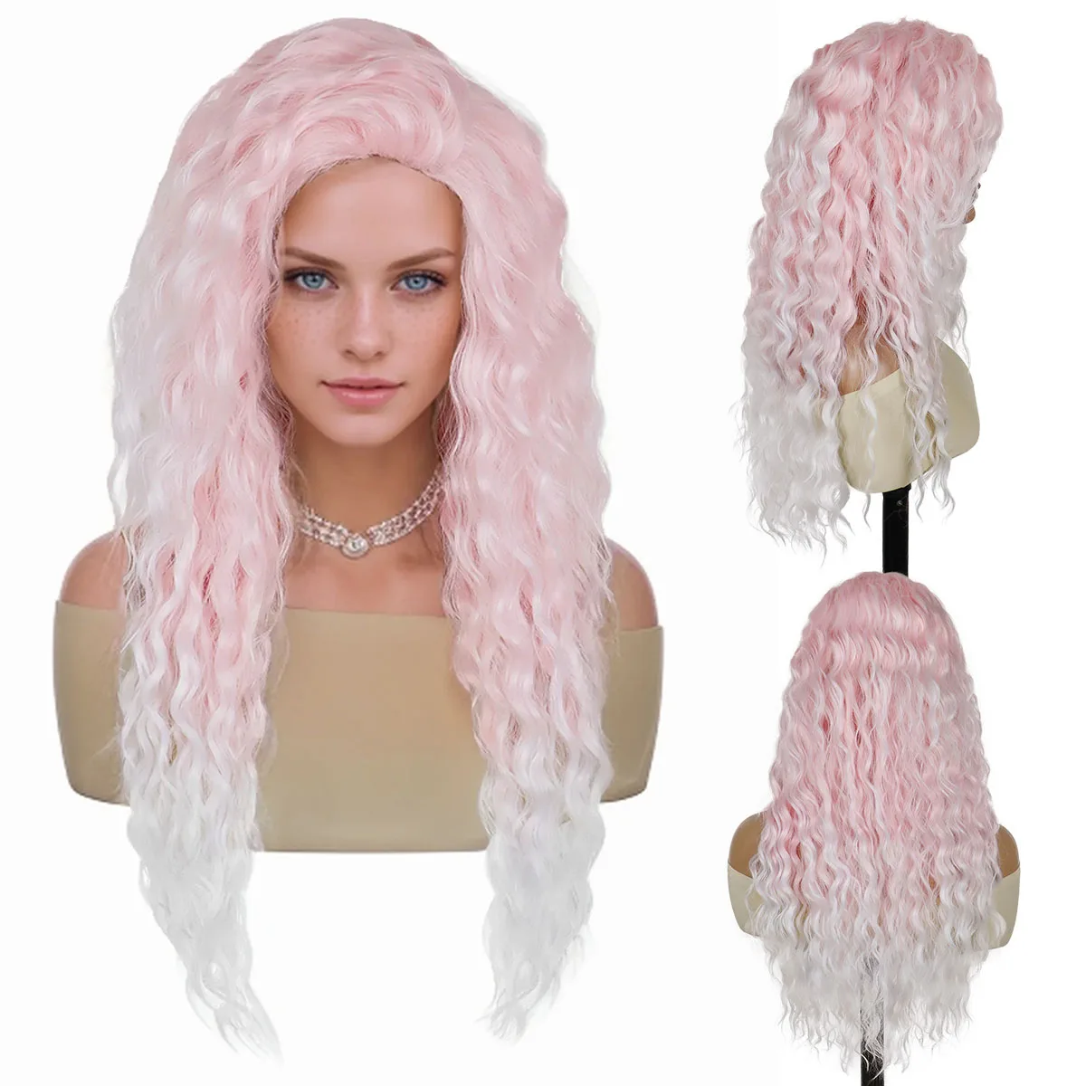 

Pink Cosplay Wigs Syntheitc Hair 28 Inch Long Curly Wavy Wigs for Women Carnival Party Halloween Costume WIg Ombre Pink Color