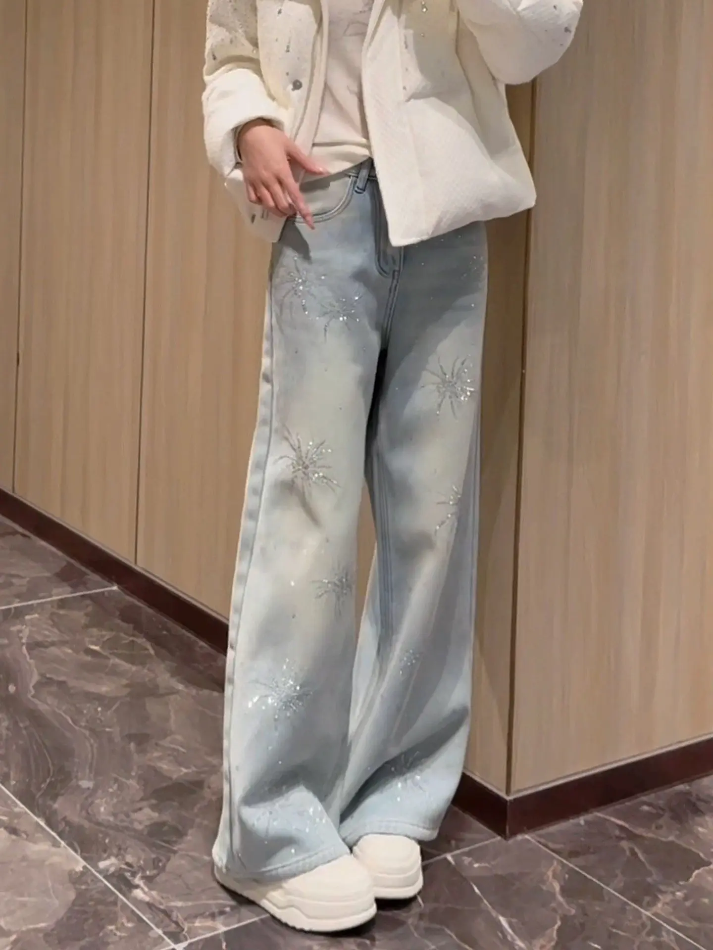 

Ele High Waist Flared Jeans Women's Winter New Faion Fce Lined Slim Straight Floor-Length Pants Diamond Embellied