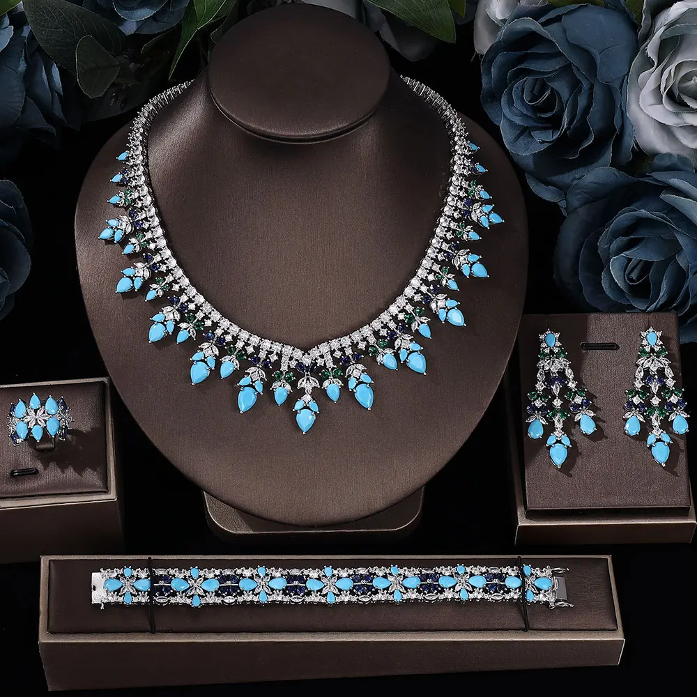 2023 Popular 4-piece Cubic Zirconia Droplet Colored Crystal Bridal Wedding Set Women's Rhinestone Bridal Necklace Jewelry Set