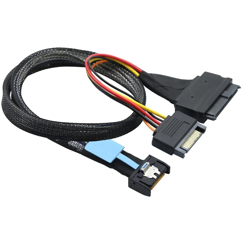 

MCIO 4i Gen5 Slimline SAS SFF-8654 4X to U.2 NVMe SAS SFF-8639 68Pin с SATA 15P Male Power PCIe Mini Cooledge IO SSD-кабель