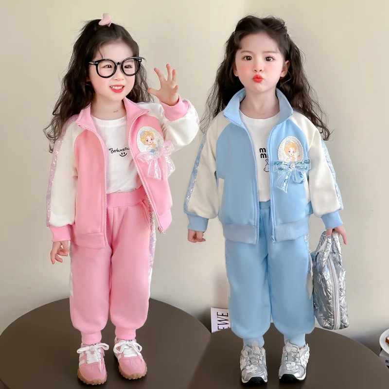 

Спортивный костюм для девочек с изображением принцессы Эльзы, весенне-осенний милый детский комплект с курткой на молнии и брюками, модный повседневный комплект в стиле кавайи