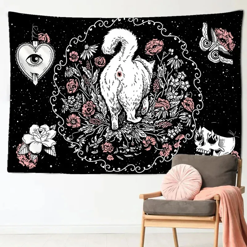 VIKAMA Witch Cat Tapestry, Mystic Moon Star Wall Art, Esoteric Divination Art, Suitable for Living Room or Bedroom