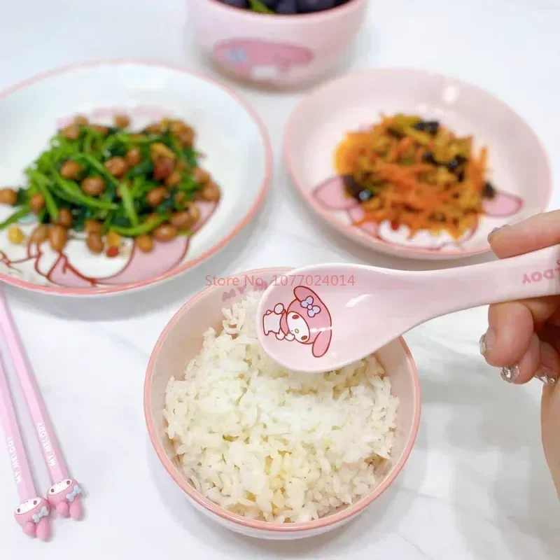 Sanrio Tableware Cinnamoroll Bowl Spoon Plate Cartoon Kawaii Ceramic Tableware Kitchen Utensil Set Food Storage Household Gifts