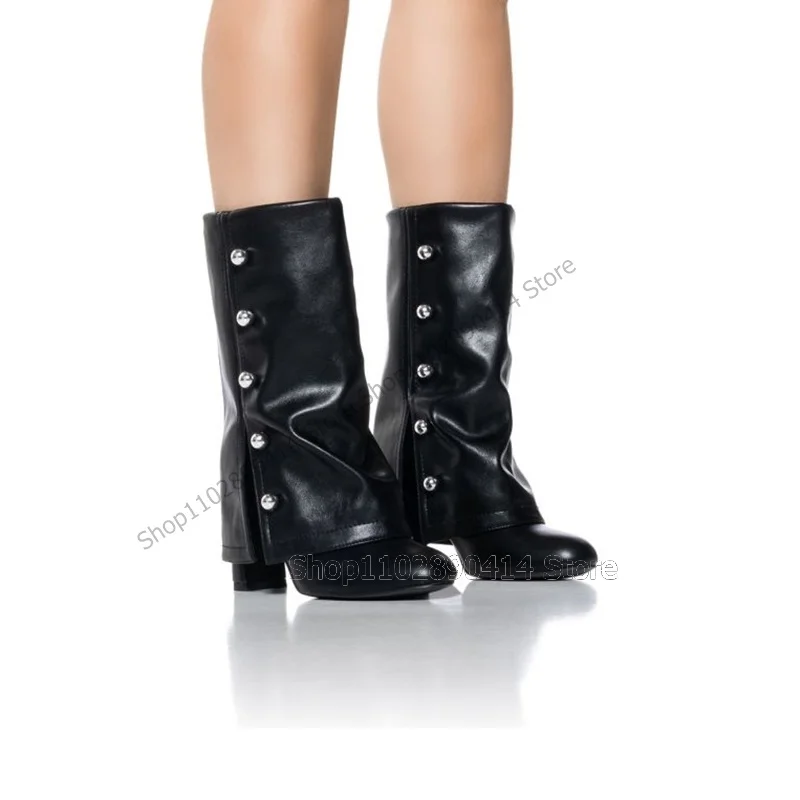 Silver Button Decor Black Turned Over Boots Mid Calf Women Shoes Chunky High Heels Sexy Fashion Runway 2023 Zapatos Para Mujere