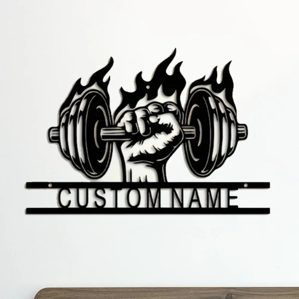 Unikalna 1 szt. Spersonalizowana metalowa grafika ścienna z konfigurowalnym wzorem płomienia hantli odpowiednia do dekoracji o tematyce siłowni