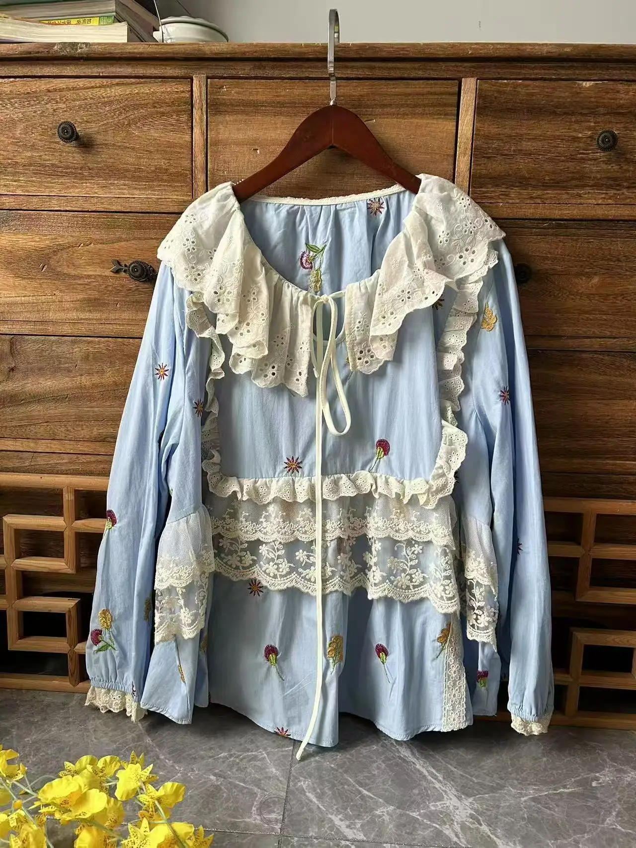 

Sweet lolita clothing mori girl Japan style lace collar lace ruffles patchwork shirts and blouses for women long sleeve tops