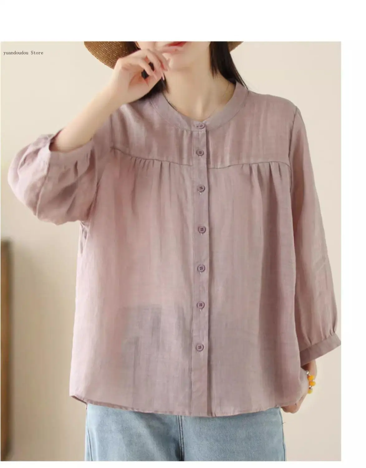 Summer Fashion Versatile Seven Quarter Sleeved Shirt for Women Loose and Casual Lightweight Small Shirt