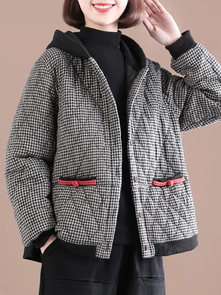 Thick Warm Hooded Coats Women New Arrival 2022 Autumn And Winter Vintage Style Plaid Pattern Loose Female Casual Outerwear D412