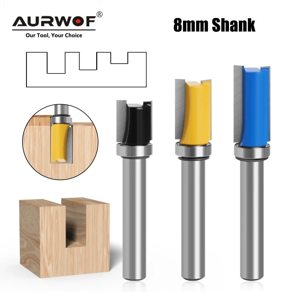 AURWOF 1pc 8mm Straight Router Bit With Bearing, 12mm Diameter Carbide Tipped Flush Trimming For Woodworking Tool MC02210S