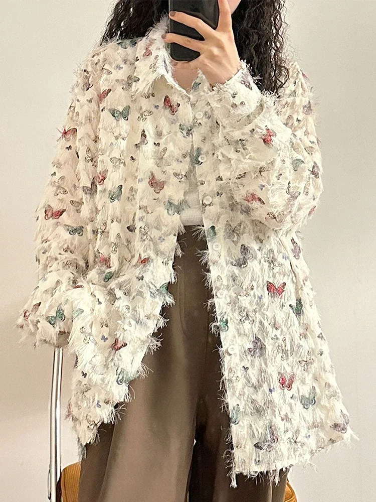 

Женские рубашки с кисточками 3D Bufferfly, повседневная американская блузка большого размера Y2K, винтажная свободная блузка с длинными рукавами Bf Harajuku, весенние топы JJ138