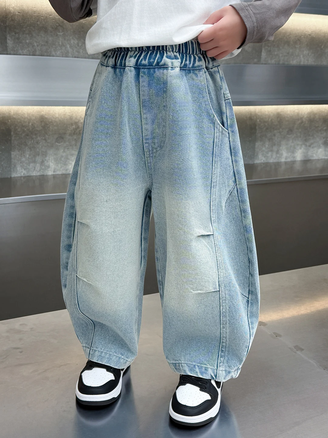 

Детские джинсы для мальчиков на весну-осень, свободные, с высокой талией, прямые, из выцветшего хлопкового денима, в корейском стиле