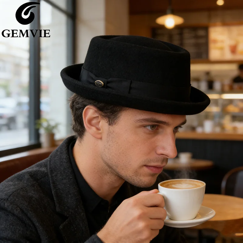 GEMVIE mężczyźni kobiety 100% wełna czuł Crushable Porkpie Fedora kapelusz w stylu Vintage zakrzywione rondo Pork Pie wełny kapelusz jesień zima — zdjęcie 7