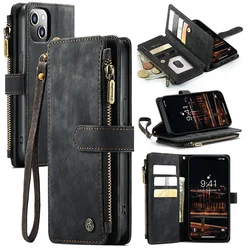 For Iphone 15 14 12 13 11 Pro 15Pro Max XS SE 8 Plus Cases Leather Book Stand Zipper Wallet Magnetic Card Holder Phone Cover Bag