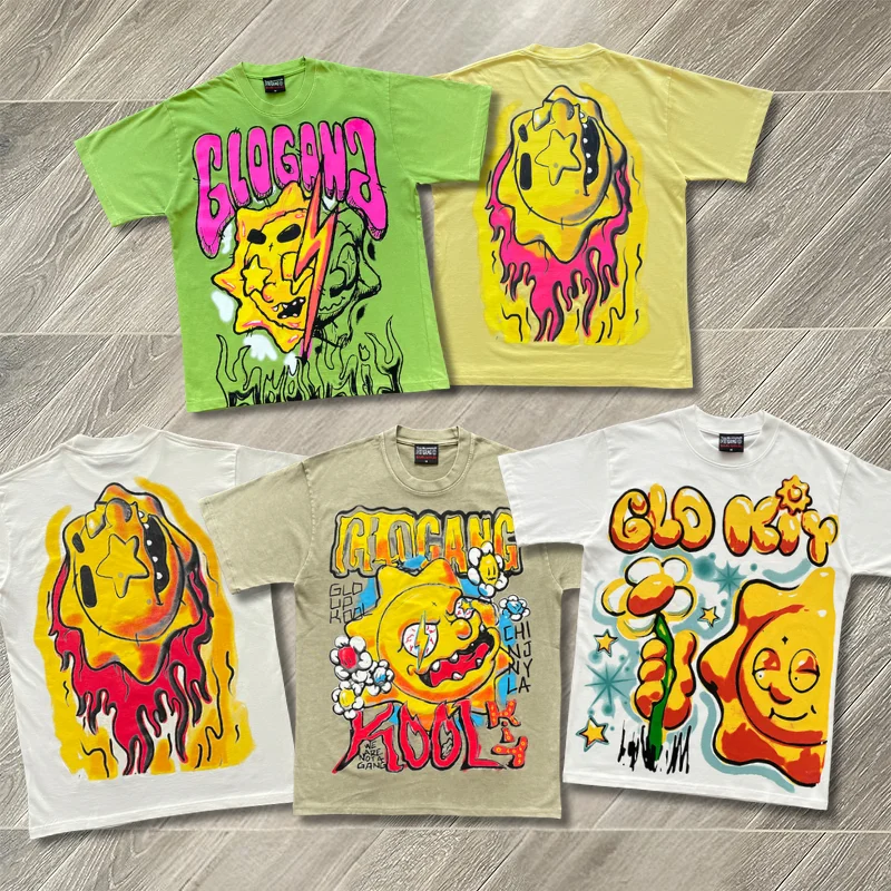 

Glo Gang Boyz Worldwide T-shirt High Street Golden Summer Pattern Print Cotton Short Sleeved Tshirts for Men Women