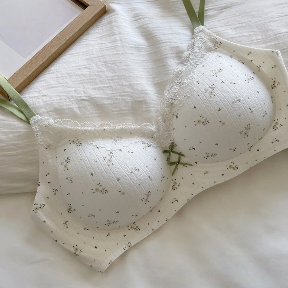 Traceless Lace Wireless V Bra Flower Bow Dots Pattern Brassiere for Women Anti-sagging Shockproof Seamless Bras Sport