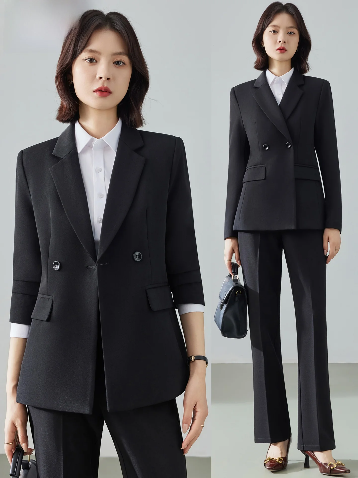 Black Suit Set for Women Professional Workwear Career Interviews Business Occasions Slim Fit Commute Style Polyester Fiber