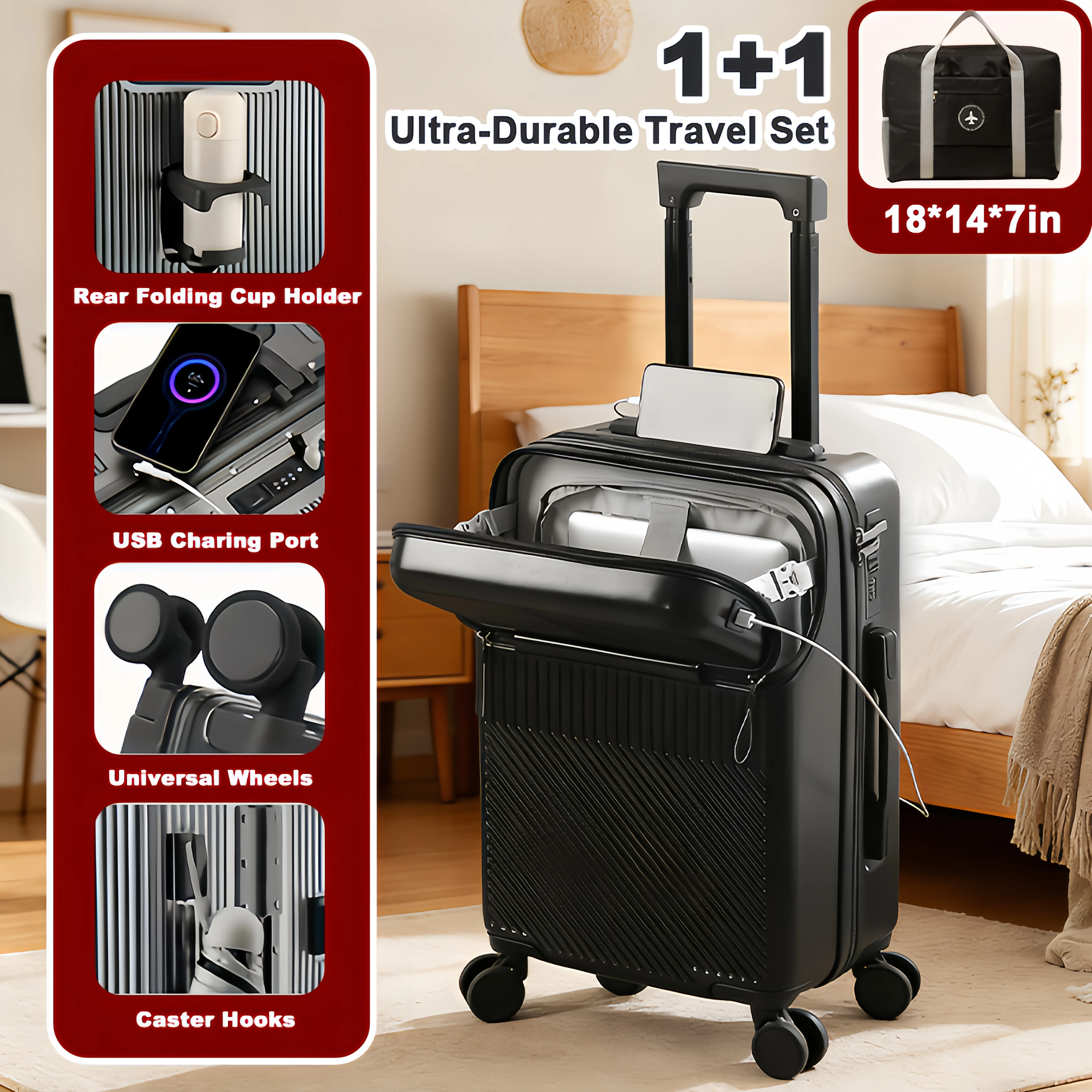 20in carry on luggage+luggage Bag Set, with cup holder and charger, with 360°Spinner Wheels TSA Lock and Adjustable Telescopic Handle Durable Travel Suitcases, Hardshell Luggage with Wheels, Vacation Packing, Travel Luggage Set