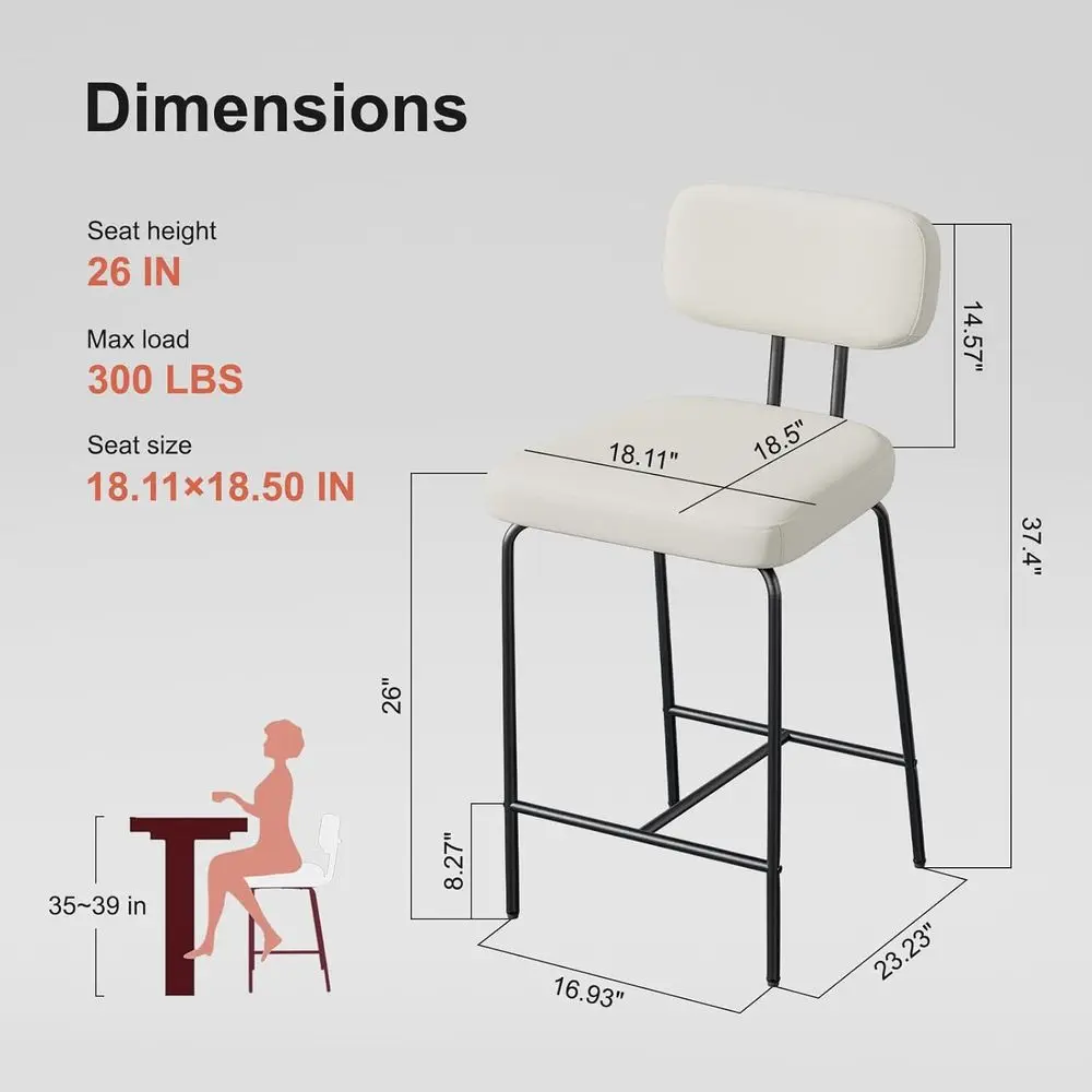 Bar Stools Set o 4, Kitchen Counter stools with Backs and Metal Legs, 26 inch Barstools or Counter Height, abric in White - view 2