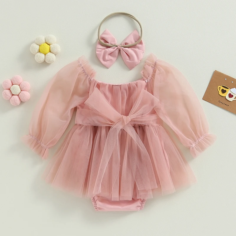 Baby Girls Casual Romper Dress Long Mesh Sleeve Tulle Patchwork Romper with Bow Headband