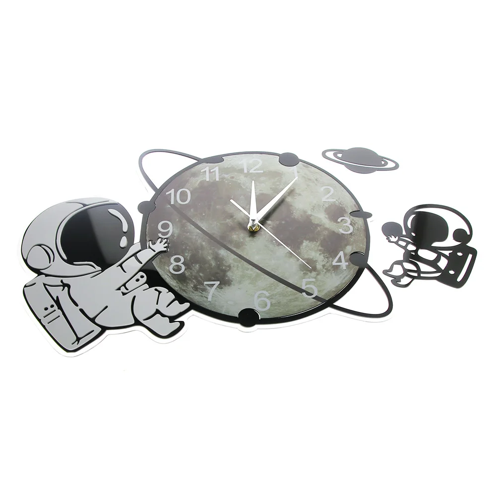 Astronaut On The Moon Cartoon Spaceman Wall Clock Silent Non Ticking Outer Space Wall Art Cosmonaut Kids Room Decorative Clock