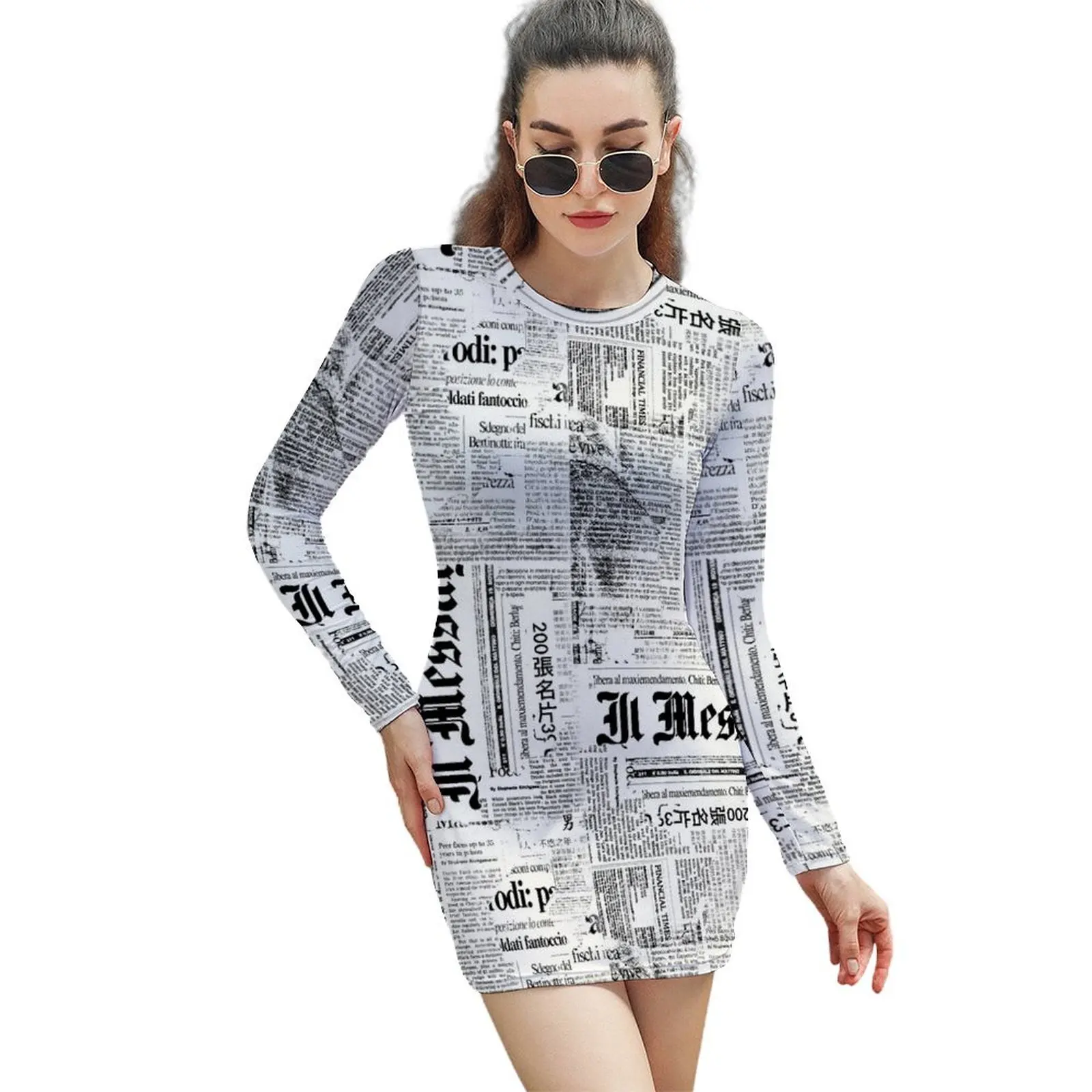 

Black And White Collage Of Grunge Newspaper Fragments Long-Sleeved Sheath Dress Evening dresses