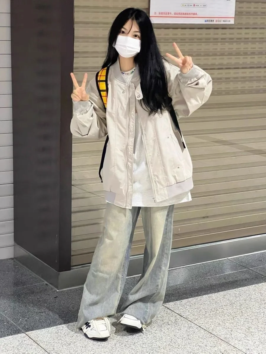 Giacca Baseball Coreana da Donna Primavera Autunno Vestibilità Ampia Tuta da Volo Capospalla Alla Moda Cappotto Lungo per Coppie