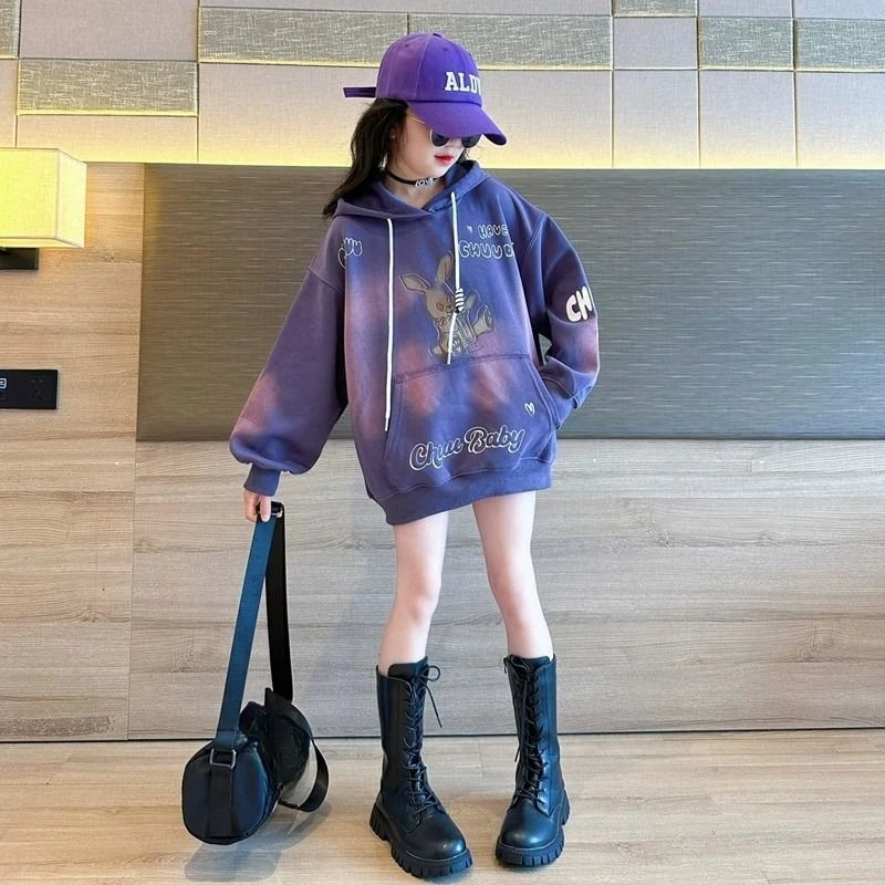 

Girls' 2025 New Autumn Winter Big Kids Stylish Hooded Fleece-Lined Top Korean Style