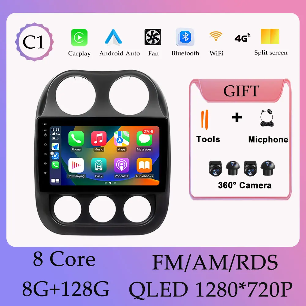 Draadloze Carplay Android 16 Autoradio Video Audi Multimedia Speler voor Jeep Compass Patriot 2009-2015 GPS Navi DSP Stereo WIFI - afbeelding 1