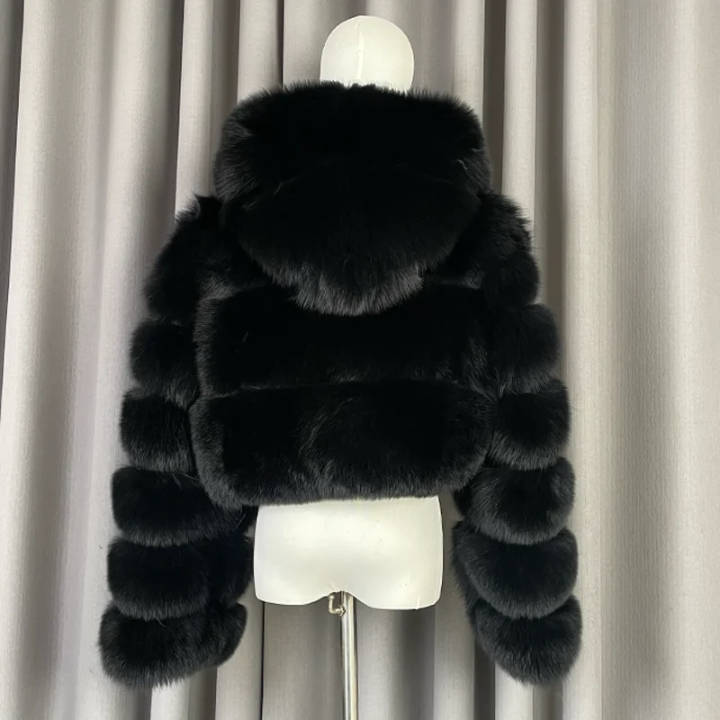 Invierno cálido piel de zorro Real Crop Top chaqueta con capucha mullida suave piel negra moda acogedora prendas de vestir exteriores