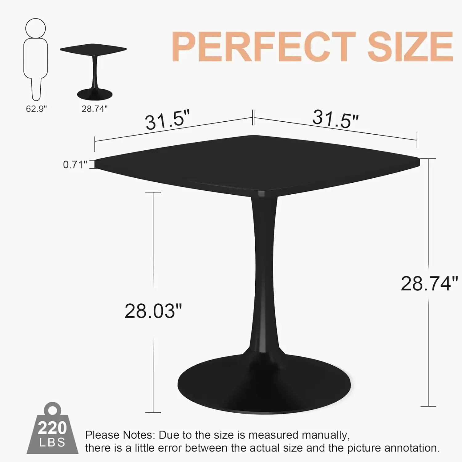 Black Square Dining Table, 31.5