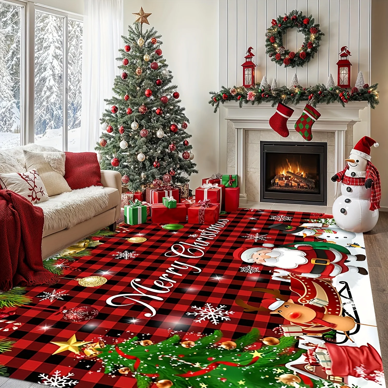 Indoor Area Rug Christmas Santa Claus Non Slip Red Buffalo Plaid Carpet Washable Fireplace Lounge Xmas New Year Decor