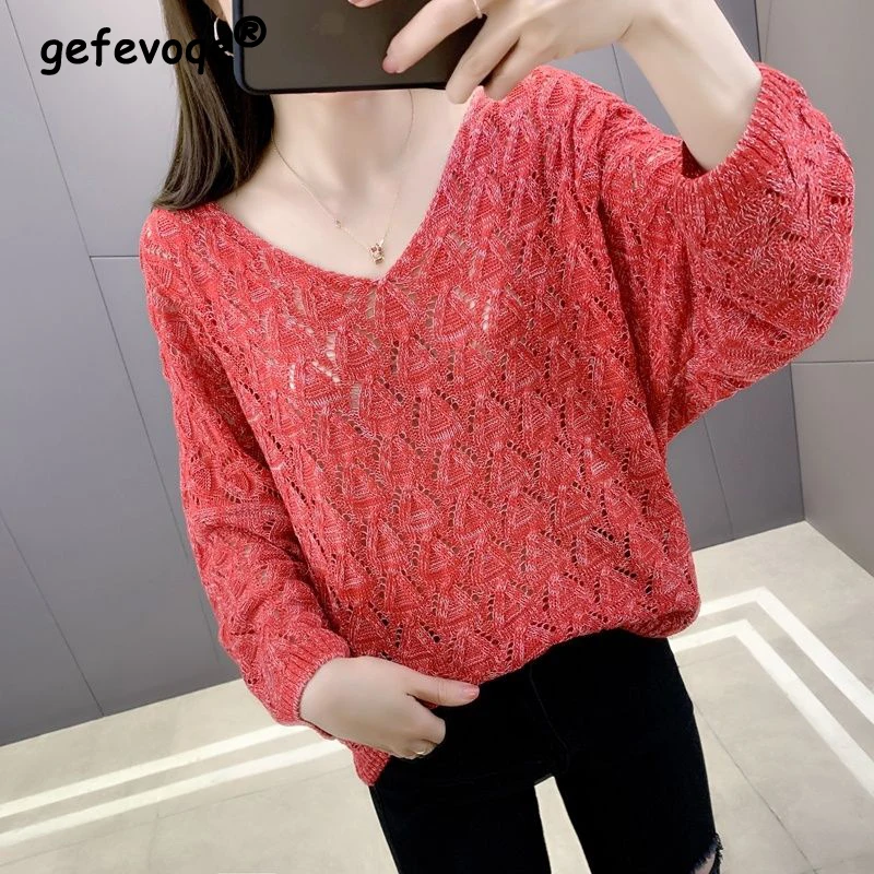 Women Trendy Hollow V Neck Casual Streetwear Knitted Sweaters Spring Autumn Female Solid Long Sleeve Loose Pullover Tops Jumpers