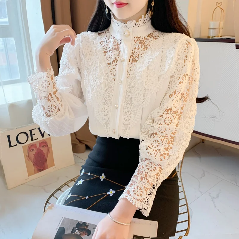 Office Lady Elegant Hollow Out Lace Shirt Women Fashion Long Sleeve Stand Collar Blouses Casual Solid Color Tops