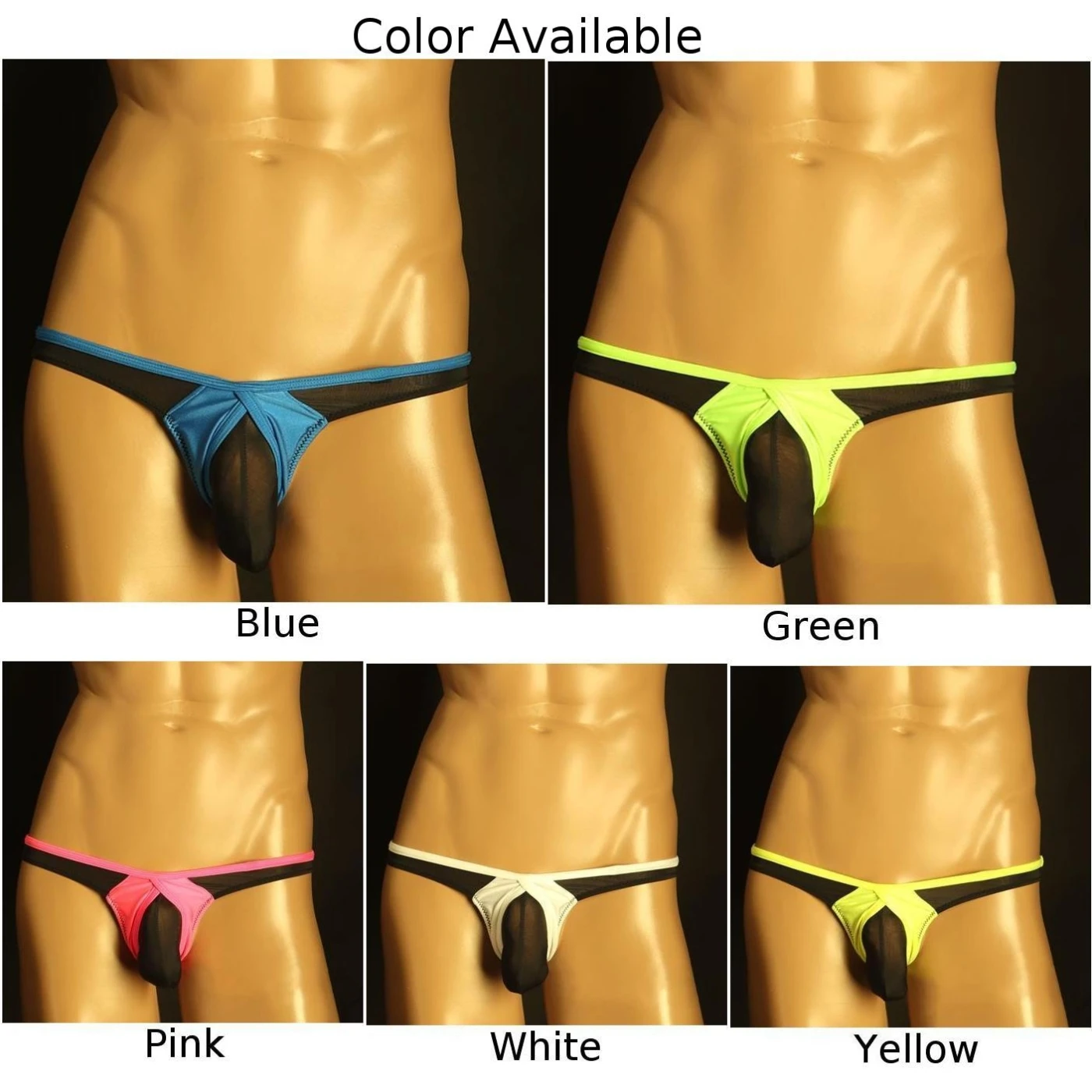 Underpants Ice Silk Men\'s Sexy Mesh Thongs Underwear Low Waist Lingerie T back White/Pink/Yellow/Blue/Green M 2XL