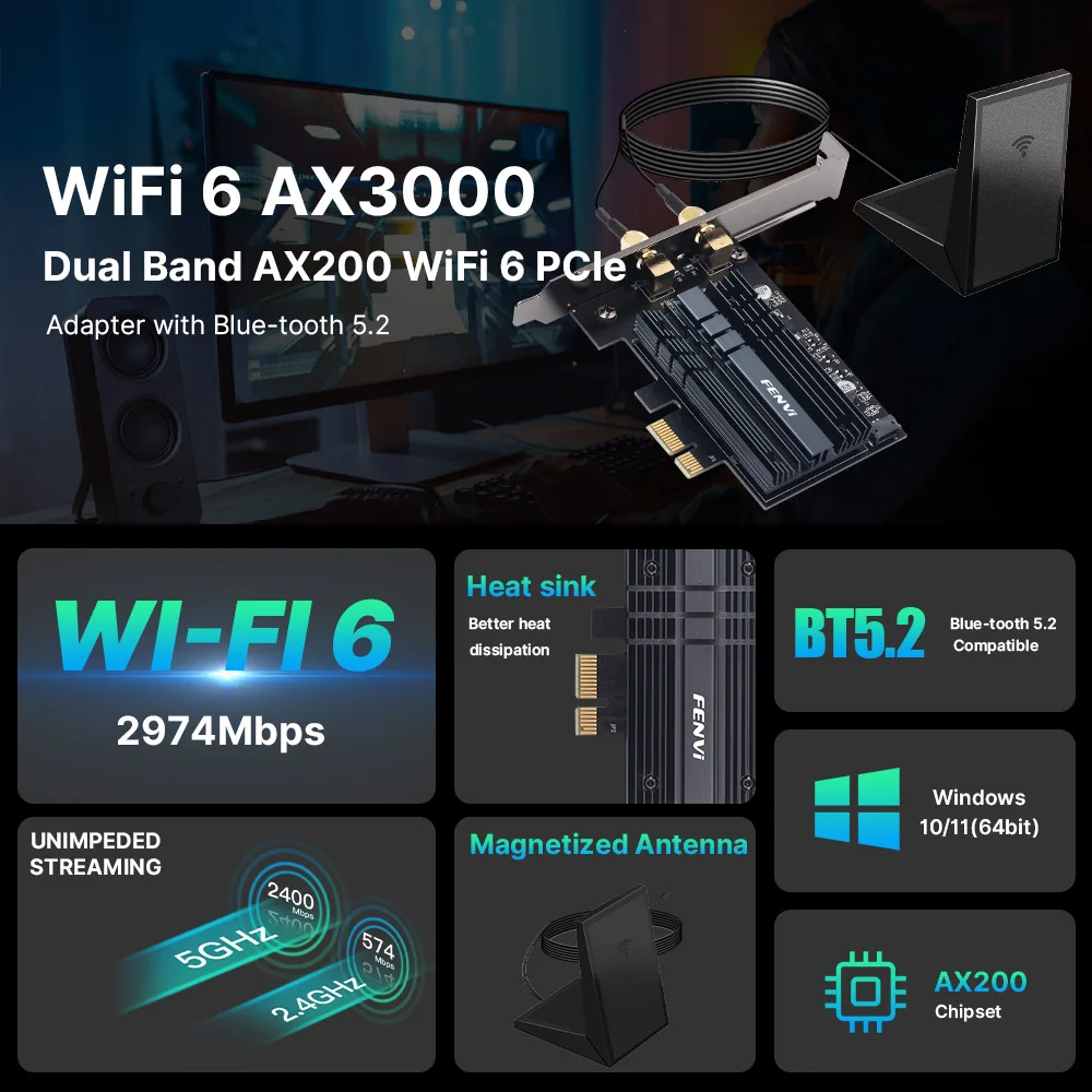 fenvi Dual Band for Intel AX200 WiFi 6 Pci-e Adapter AX200NGW Network Wireless Card Bluetooth 5.2 Wifi6 3000Mbps for Win 10  11