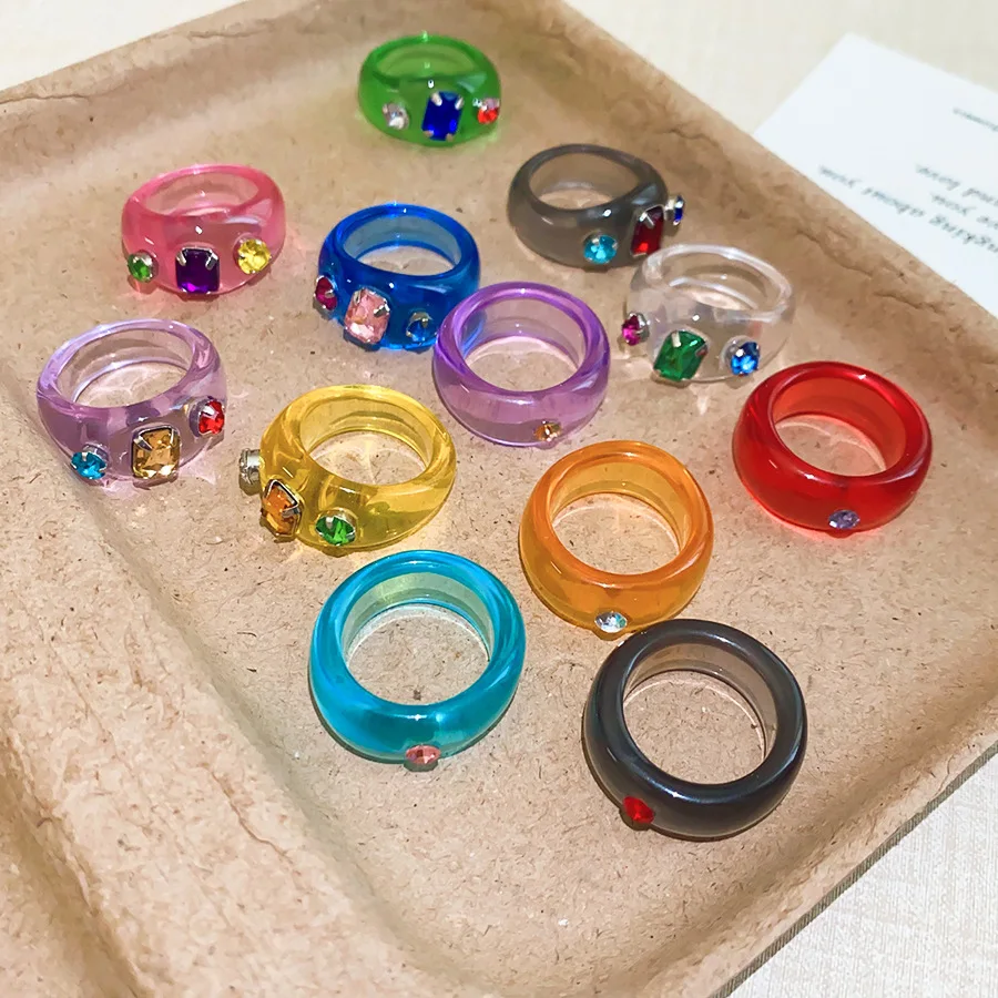Vintage Rhinestone Jelly Color Girls Acrylic Transparent Resin Rings Finger Ring Fashion Jewelry