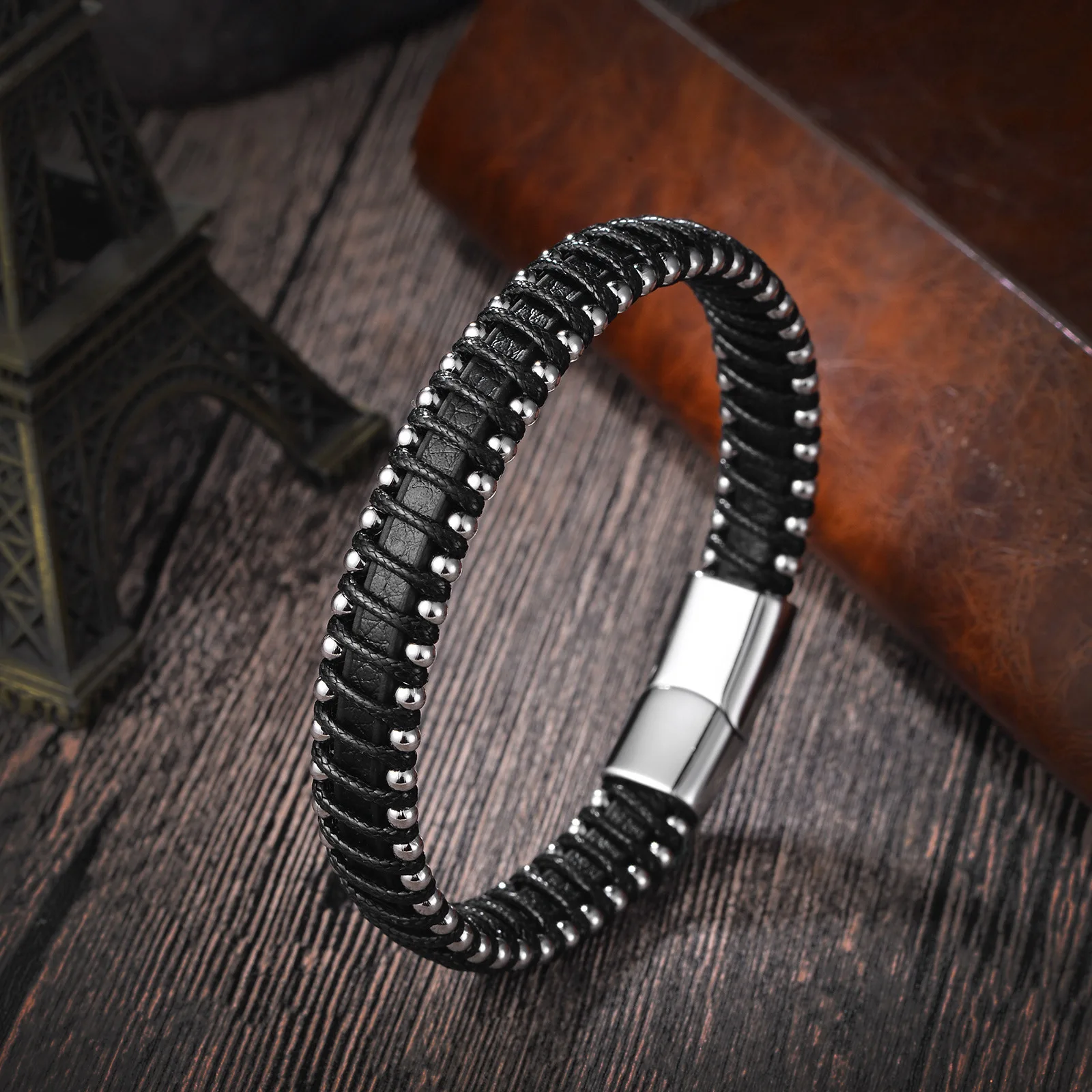 Braided Rope Woven Black Leather Men Bracelets Punk Style Stainless Steel Bangle for Friend Charm Fashion Jewelry Gifts