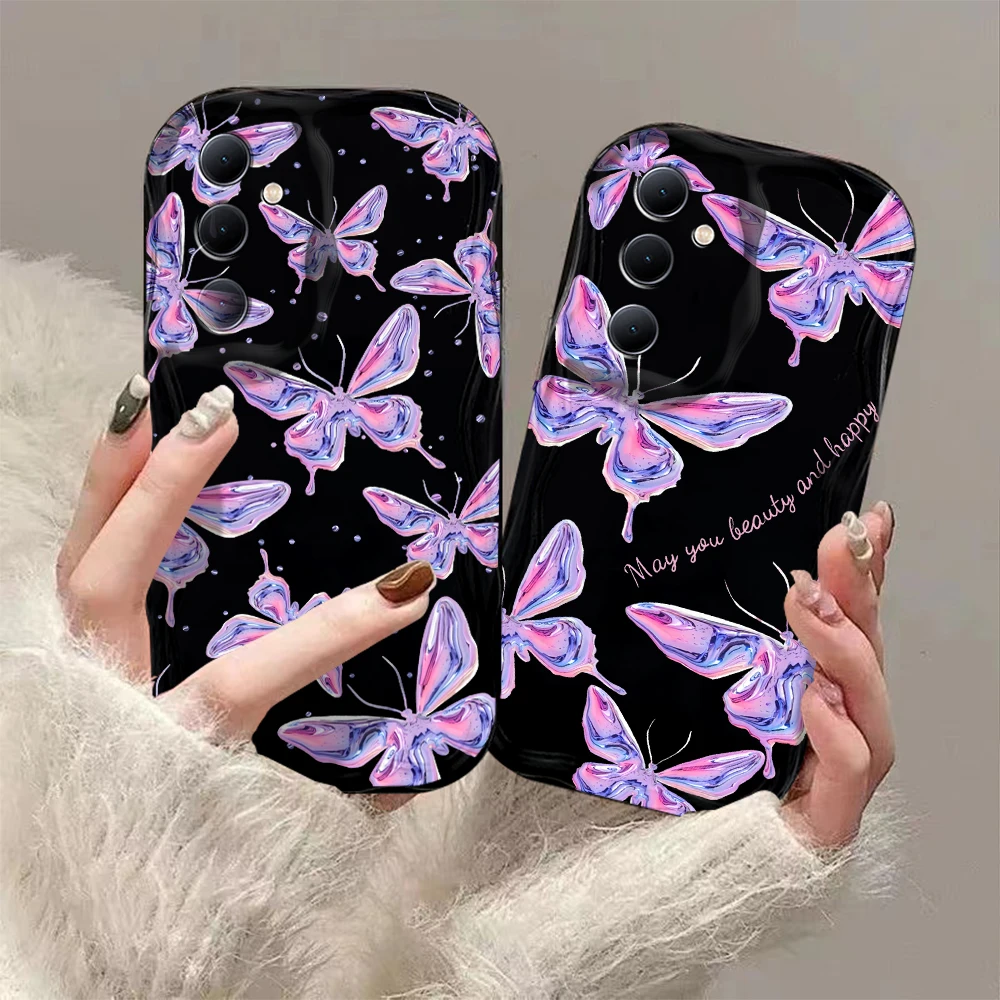 Cute Retro Butterfly Black 3D Wave Phone Case For Samsung Galaxy S24 S23 S22 S21 S20 FE Plus Ultra 4G 5G Soft Silicone Cover