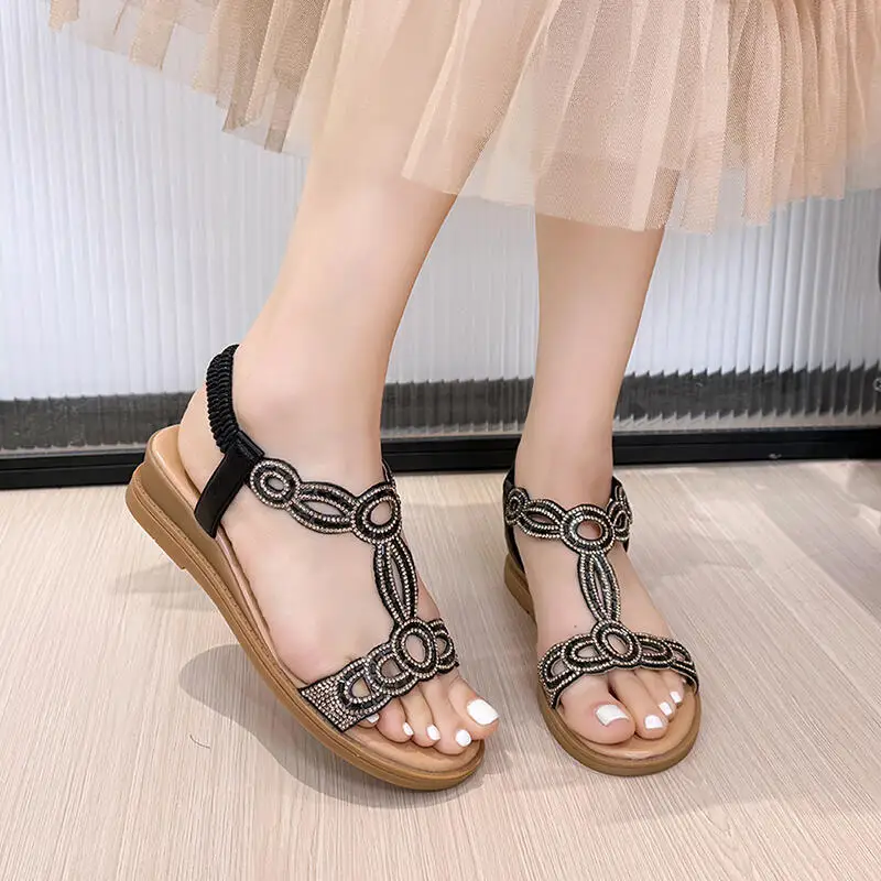 

Bohemia T Strap Wedge Heel Sandals Women Summer 2026 Designer Gold Rhinestore Hollow Out Thick Bottom Sandals Woman Beach Shoes