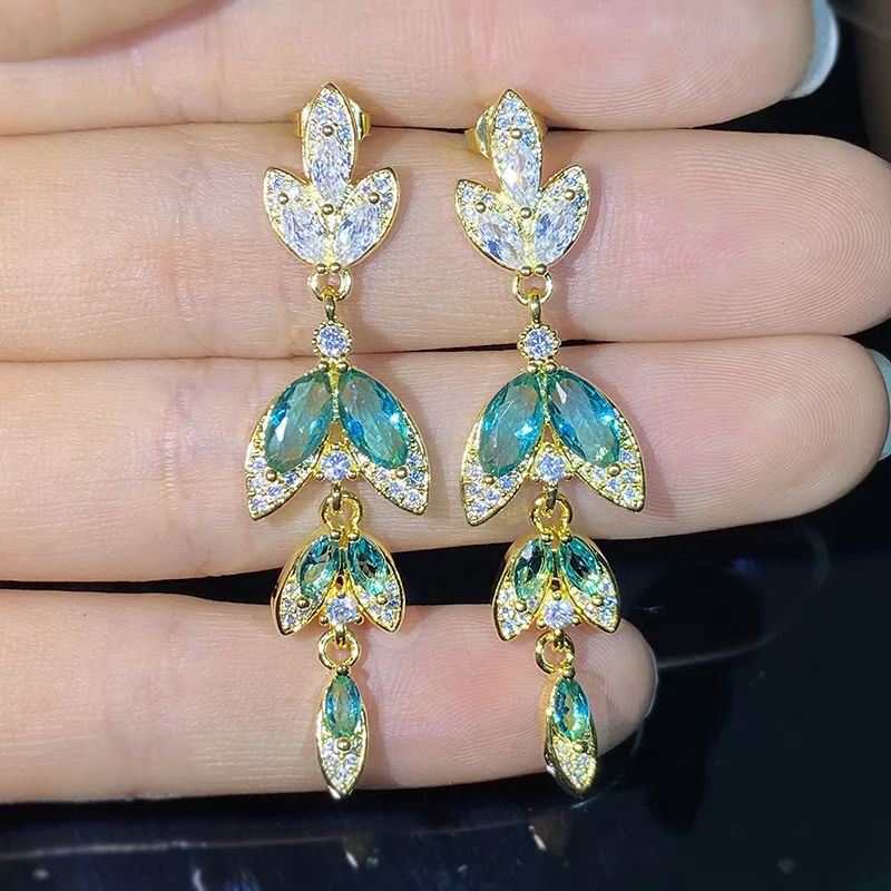 

925 Silver Vintage Inlaid 5A Zirconia Fresh Lake Green Gemstone Leaf Long Tassel Earrings for Women Exquisite Earing Jewelry