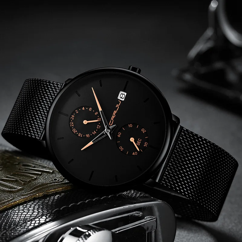 Montre de luxe en maille d'acier inoxydable pour hommes, à Quartz, décontractée, avec Date et calendrier, tendance