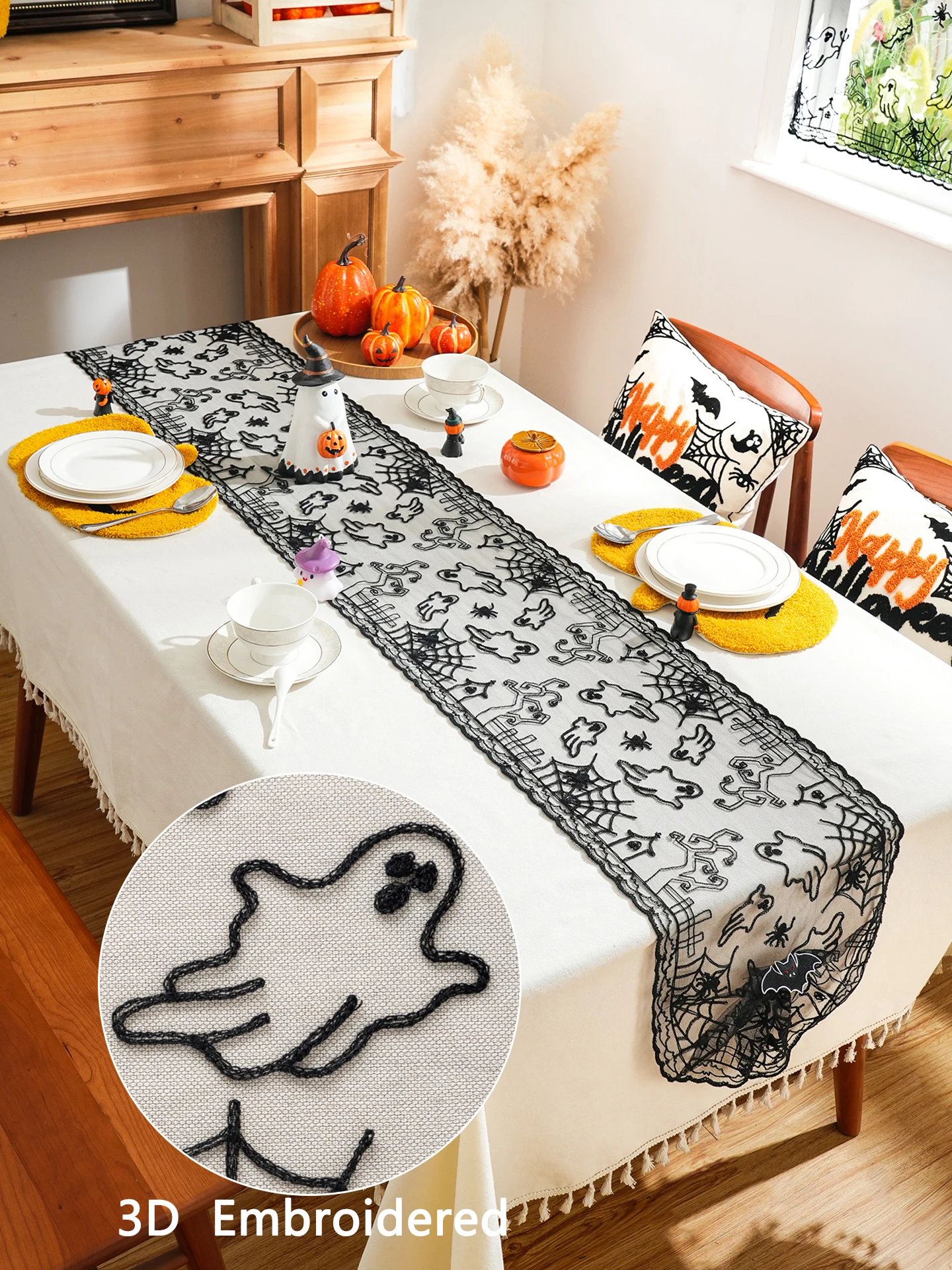 1 Piece 3D Embroidered Ghost Spider Halloween Transparent Silk Table Flag Multi-Sizes with Exquisite Spider Web Embroidery for P